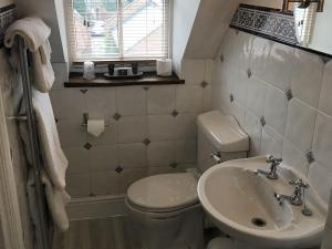 a bathroom with a toilet and a sink at Sebastians in Oswestry