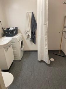 a small bathroom with a toilet and a sink at Villa Haantie in Längelmäki +22 photos