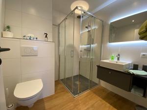 a bathroom with a shower and a toilet and a sink at Appartement Schillerkopf in Bludenz