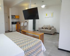 Uma TV ou centro de entretenimento em Juquei Frente ao Mar Hotel Pousada