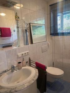 a bathroom with a sink and a toilet at Downtown in Füssen +34 photos