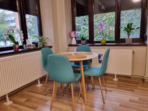 stół i krzesła w pokoju z oknami w obiekcie City Inn Premium Apartment 2 w mieście Timişoara