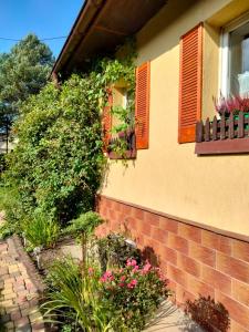 a house with a garden with flowers and windows at Słoneczny apartament in Duszniki Zdrój