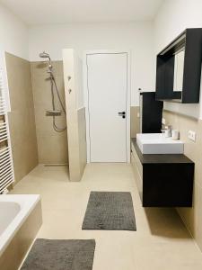 baño con lavabo y ducha y puerta blanca en Schurianhof, en Timenitz