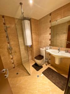 een badkamer met een douche, een toilet en een wastafel bij Sunny duplex with spectacular view in Terra Complex in Razlog