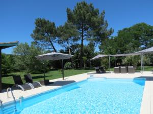 a swimming pool with chairs and umbrellas at Gite les Dahlias in Caumont-sur-Garonne