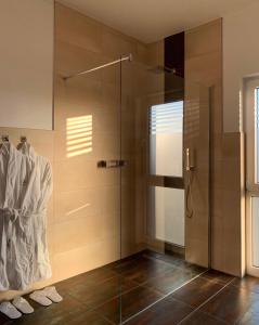 eine Dusche mit Glastür im Bad in der Unterkunft Ambiente Apartments in Naumburg