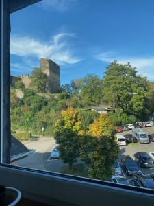 una vista desde una ventana de un aparcamiento con un castillo en Ferienwohnungen "am Fürstenweg" en Neuwied