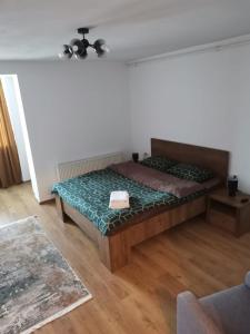 1 dormitorio con 1 cama con edredón verde en Medias Cozy Studio, en Mediaş