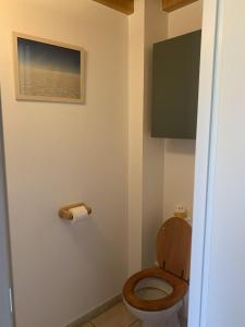 La salle de bains est pourvue de toilettes et d'une photo murale. dans l'établissement Appartement dans chalet avec jardin, vue montagne, à Aucun