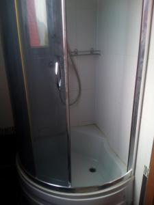 a shower with a glass door in a bathroom at Еко садиба в Карпатах Лостун in Dolishniy Shepit