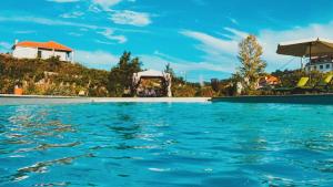 a swimming pool with blue water in front of a house at THE RIVER HOUSE - Termas Guesthouse in Termas de Sao Pedro do Sul