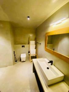 a bathroom with a sink and a toilet and a mirror at Coconut Escapes in Kurunegala