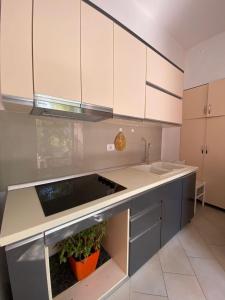 a kitchen with white cabinets and a sink at eri apartament in Himare