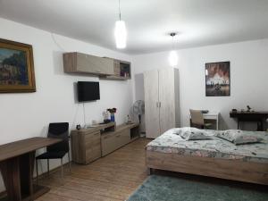 a bedroom with a bed and a desk and a table at Casa Cinema in Braşov