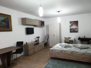 une chambre avec un lit, un bureau et une table dans l'établissement Casa Cinema, à Braşov