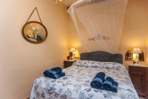 a bedroom with a bed with blue pillows and a mirror at Villa Stella in Santa Margherita di Pula
