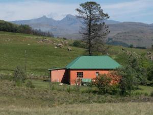 a red barn with a green roof in a field at Sani Lodge Self-Catering Cottages Sani Pass South Africa in Sani Pass