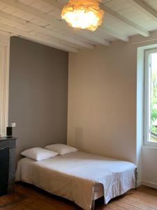 a bedroom with a bed with a light on the ceiling at Villa Marcel Spa Sauna Billard Piscine 25mn de Bordeaux in Cérons +45 photos
