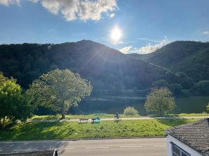 vistas a un parque con un banco y una montaña en Ferienwohnung „Zur alten Brauerei“, en Mesenich