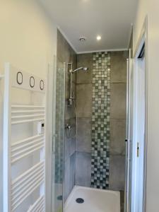 a bathroom with a shower with a glass door at Duplex contemporain terrasse extérieure parking in Lèves +26 photos