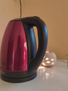 une bouilloire à thé noir assise au-dessus d'une table dans l'établissement Cabaña vivir #2, à El Chalten