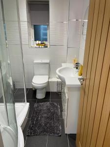 a bathroom with a toilet and a sink and a shower at Central Hull Spacious Apartment H3 in Hull