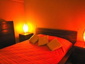 een slaapkamer met een rood bed met 2 kussens bij duplex, 2 bedrooms, 2 couples sea view overlooking the village of DESHAIES in Deshaies