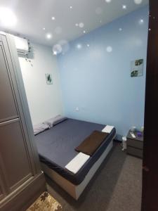 波德申的住宿－Marvel Suite ABNB，一张小床,位于一个蓝色的墙壁内