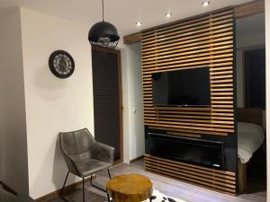 科帕奥尼克Mr Alek - Luxury Apartment Kopaonik的客厅配有电视、椅子和壁炉