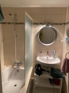 W łazience znajduje się prysznic, umywalka i wanna. w obiekcie château de Beuzeval, golf de Hougate w mieście Gonneville-sur-Mer