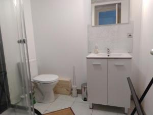 een witte badkamer met een toilet en een wastafel bij Maison des Flandres in Oxelaere