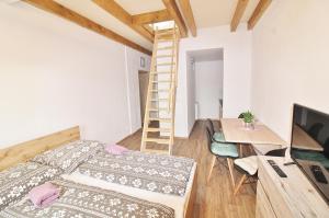 Pokój z łóżkiem, biurkiem i drabiną w obiekcie Apartmany Troll w mieście Bublava