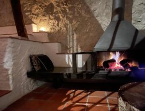 a fireplace in a room with a stone wall at Casa Yolanda in Bojar