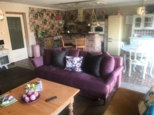 a purple couch in a living room with a table at Ferienwohnung WohlFühlWohn in Vreden