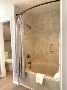 a bathroom with a shower with a tub at Lovely 1BR apartment in the hearth of Med Center in Houston