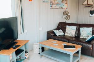 a living room with a brown couch and a coffee table at Houseboat Heyvon in Bembridge