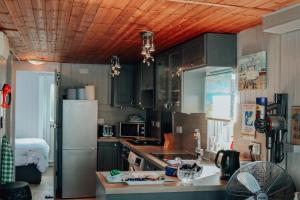 a kitchen with a refrigerator and a counter top at Houseboat Heyvon in Bembridge