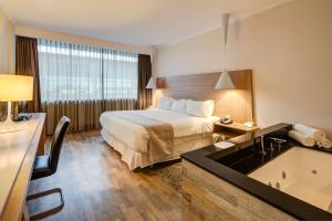 una camera d'albergo con un letto e una vasca da bagno di Wyndham Concepcion Pettra a Concepción