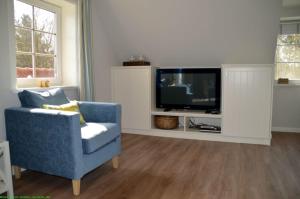 sala de estar con silla azul y TV en Maisfeld Wohnung, en Wyk auf Föhr