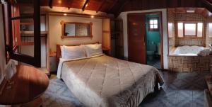um quarto com uma cama e uma casa de banho com um lavatório em Pousada Chales Monte Verde em Monte Verde