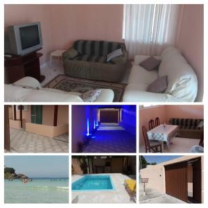 un collage de fotos de una sala de estar con piscina en Casa temporada próximo a Praia do Forte Cabo Frio c piscina até 10 pessoas incluindo crianças, ligue e confira nossa oferta, en Cabo Frío