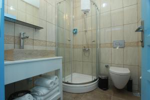 a bathroom with a shower and a toilet and a sink at Çakir Bey Hotel in Alaçatı