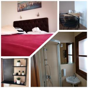 three pictures of a bedroom with a bed and a bathroom at MON Accommodation free parking in Niš