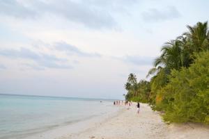 a group of people walking on a beach at TME Retreats Dhigurah in Dhigurah