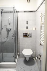 W łazience znajduje się toaleta i przeszklony prysznic. w obiekcie Pokoje hotelowe Azyl w mieście Kąty Wrocławskie