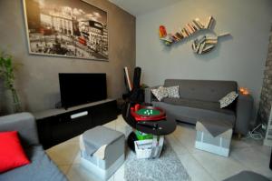 a living room with a couch and a tv at L'auberge des travailleurs in Échirolles