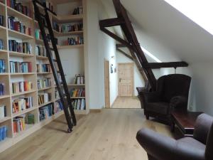 una sala de estar con biblioteca y estanterías en Ferienhaus Ferienscheune Kümmernitztal en Grabow