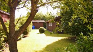 un patio con una casa y un árbol en Ferienhaus Stolley, en Silberstedt