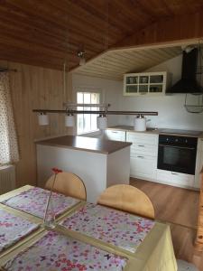 a kitchen with a table and chairs in a room at Stolley - Ferienhaus mit Garten, Kamin und Sauna in Silberstedt